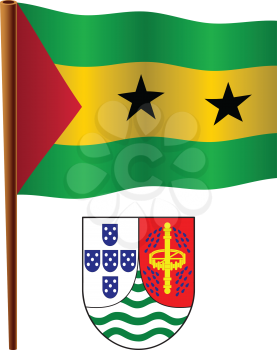 sao tome and principe wavy flag and coat of arm against white background, vector art illustration, image contains transparency