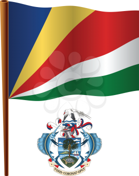 seychelles wavy flag and coat of arm against white background, vector art illustration, image contains transparency