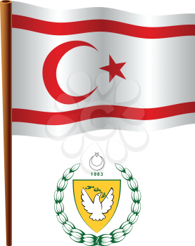 turkish republic of northern cyprus wavy flag and coat of arm against white background, vector art illustration, image contains transparency
