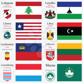 world flags of Lebanon, Lesotho, Liberia, Libya, Liechtenstein, Lithuania, Luxembourg an Macau, with capitals, geographic coordinates and coat of arms, vector art illustration