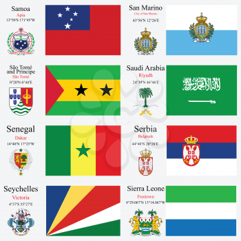world flags of Samoa, San Marino, Sao Tome and Principe, Saudi Arabia, Senegal, Serbia, Seychelles and Sierra Leone, with capitals, geographic coordinates and coat of arms, vector art illustration
