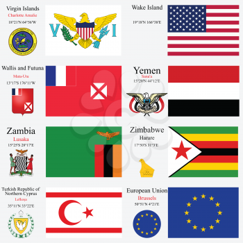 world flags of European Union, Turkish Republic of Northern Cyprus, Virgin Islands, Wake Island, Wallis and Futuna, Yemen, Zambia and Zimbabwe, with capitals, geographic coordinates and coat of arms, 