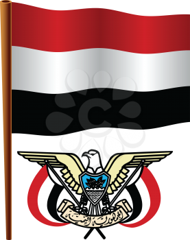 yemen wavy flag and coat of arm against white background, vector art illustration, image contains transparency