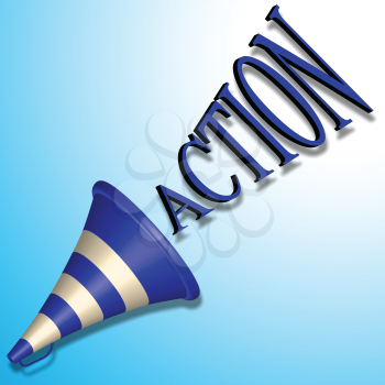 blue bullhorn icon and action command shadowed over blue background, abstract vector art illustration, image contains transparency