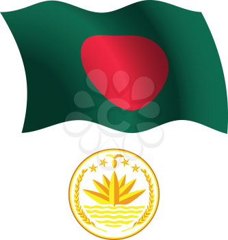 bangladesh wavy flag and coat of arms against white background, vector art illustration, image contains transparency