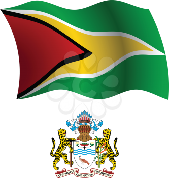 guyana wavy flag and coat of arms against white background, vector art illustration, image contains transparency