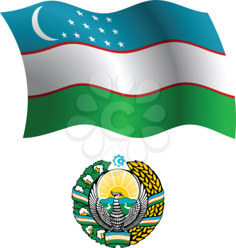 uzbekistan wavy flag and coat of arm against white background, vector art illustration, image contains transparency