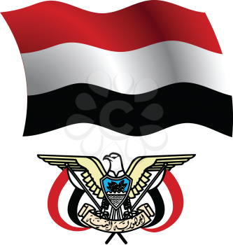 yemen wavy flag and coat of arm against white background, vector art illustration, image contains transparency