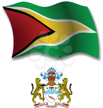 guyana shadowed textured wavy flag and coat of arms against white background, vector art illustration, image contains transparency transparency