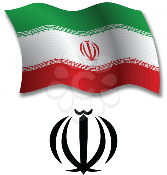 iran shadowed textured wavy flag and coat of arms against white background, vector art illustration, image contains transparency transparency