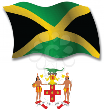 jamaica shadowed textured wavy flag and coat of arms against white background, vector art illustration, image contains transparency transparency