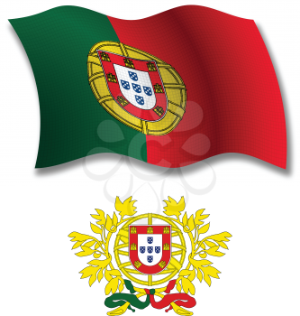 portugal shadowed textured wavy flag and coat of arms against white background, vector art illustration, image contains transparency transparency