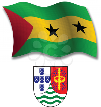 sao tome and principe shadowed textured wavy flag and coat of arms against white background, vector art illustration, image contains transparency transparency