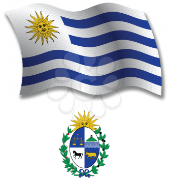 uruguay shadowed textured wavy flag and coat of arms against white background, vector art illustration, image contains transparency transparency