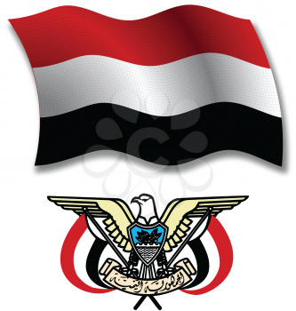 yemen shadowed textured wavy flag and coat of arms against white background, vector art illustration, image contains transparency transparency