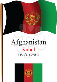 afghanistan wavy flag and coordinates against white background, vector art illustration, image contains transparency
