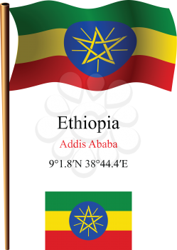 ethiopia wavy flag and coordinates against white background, vector art illustration, image contains transparency