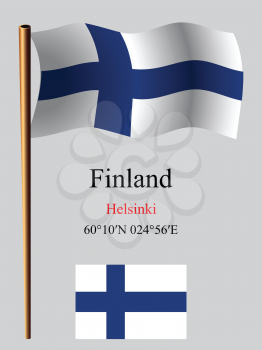 finland wavy flag and coordinates against gray background, vector art illustration, image contains transparency