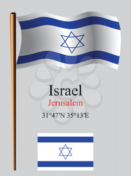 israel wavy flag and coordinates against gray background, vector art illustration, image contains transparency