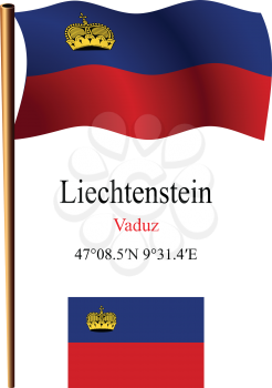 liechtenstein wavy flag and coordinates against white background, vector art illustration, image contains transparency