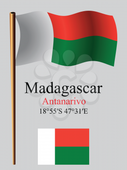 madagascar wavy flag and coordinates against gray background, vector art illustration, image contains transparency