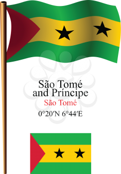 sao tome and principe wavy flag and coordinates against white background, vector art illustration, image contains transparency
