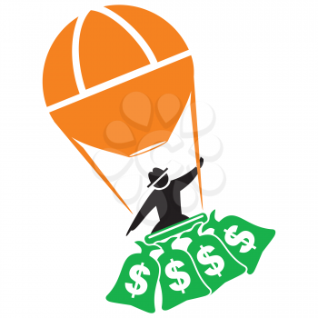 Royalty Free Clipart Image of a Man in a Hot Air Balloon With Money Bags