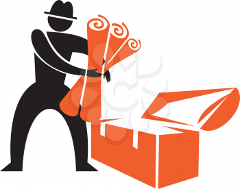 Royalty Free Clipart Image of a Silhouette Getting Rolls of Paper Out of a Trunk