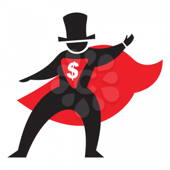 Royalty Free Clipart Image of a Man With a Dollar Sign on His Chest Wearing a Cape