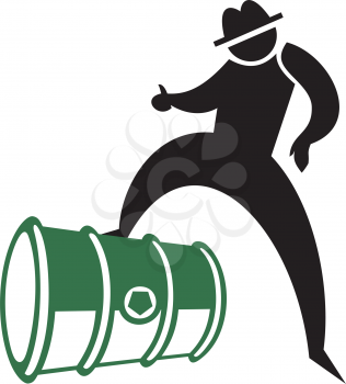 Royalty Free Clipart Image of a Man With a Foot on a Barrel
