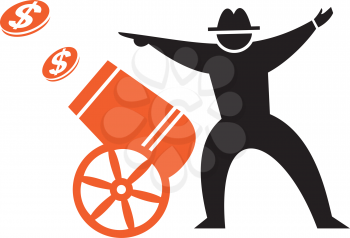 Royalty Free Clipart Image of a Man Shooting Money From a Cannon