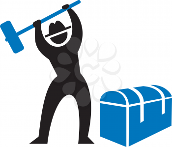 Royalty Free Clipart Image of a Man Breaking In to a Chest With a Hammer