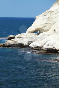 White rocks and grottoes Rosh-a-Nikra. Picturesque sea coast in the early spring