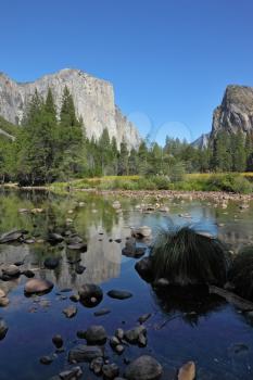 The famous valley of the Merced River in Yosemite. Fine autumn day