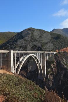 Celebration of engineering thought. The magnificent bridge on a coastal motorway of Pacific coast USA