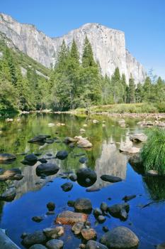The Yosemite Valley. The enormous granite monolith of El Kapitan and the dark blue sky are reflected in smooth water of the river Mersed