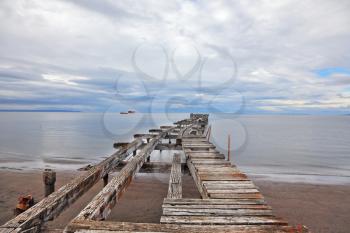 Old ruined pier in the Strait of Magellan. Collapsed on a wooden platform sitting flocks of sea gulls