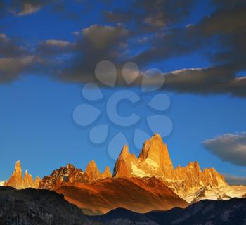 The magnificent sunrise over the peak of Fitzroy in Patagonia.