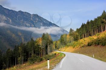 Beautiful autumn day in the Austrian Alps. Road in the mountains of beginners yellowing pines and spruces