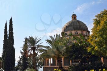 Basilica on Mount of Beatitudes. Israel, lake Tiberias. The majestic dome is surrounded by magnificent park