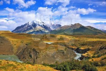 Horseshoe Paine. Paine river bends in a horseshoe shape around the picturesque hills. Epic grand landscape in the national park Torres del Paine, Patagonia, Chile