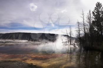 Hot fog above geothermal springs in Yellowstone national Park in USA
