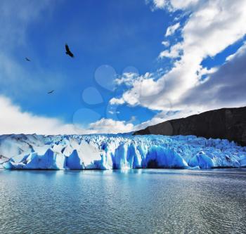 Journey to the End of the World. Chilean Patagonia in the sunlight. Blue Ice Glacier Gray is reflected in the lake