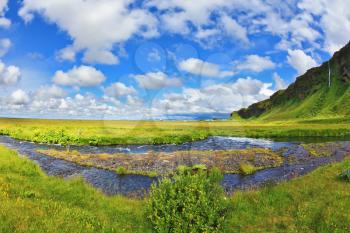 Warm summer days in Iceland. Green meadows and streams of meltwater