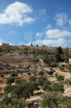 Ancient defensive walls in Jerusalem and the famous Golden Gate

