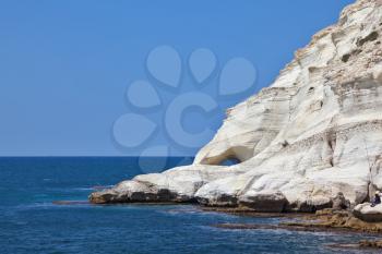 Picturesque sea coast on border of Israel. White rocks and grottoes Rosh-a-Nikra