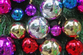 Bright red and silver glass balls on on the Christmas tree branches. Merry Christmas!