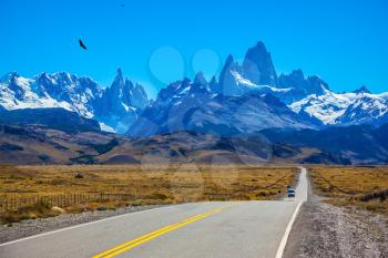 Argentine Patagonia. Fine concrete highway to the majestic Mount Fitz Roy. Sunny day in February