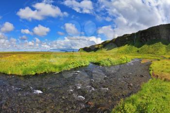 Warm summer days in Iceland. Green meadows and streams of meltwater