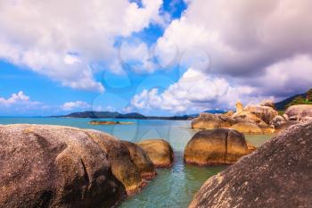 Huge smooth stones on the beach. Lamai Beach in Koh Samui, Thailand